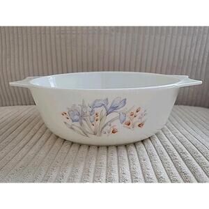 Pyrex, England, Blue Iris, Double Handled, White Milk Glass Casserole Bowl